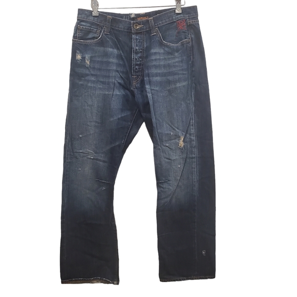 Ed Hardy Love Kills Slowly Embroidered Jeans W36 L34 Rare Distressed Denim Bling - Picture 2 of 8